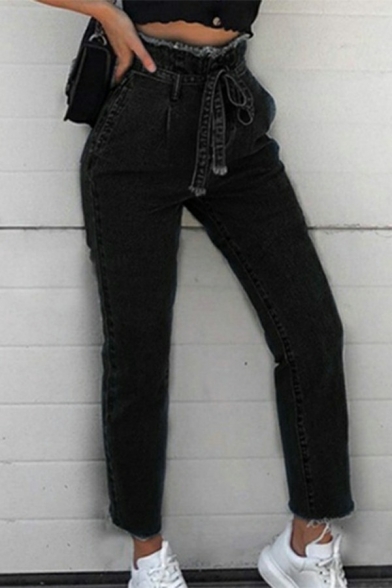 Street Look Ladies Jeans Solid Color Belt Burrs Zipper High Waist Ankle Length Jeans