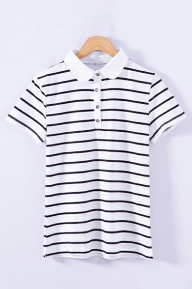 Trendy Womens Polo Shirt Striped Print Turn-Down Collar Short Sleeve Workout Polo Shirt