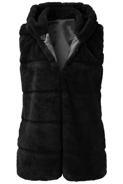 Vintage Women Fleece Vest Pure Color Zip Closure Regular Fit Vest with Hood