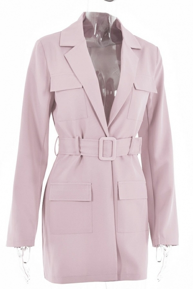 Women Casual Suit Blazer Pure Color Lapel Collar Lace-up Placket Pocket Detail Suit Blazer