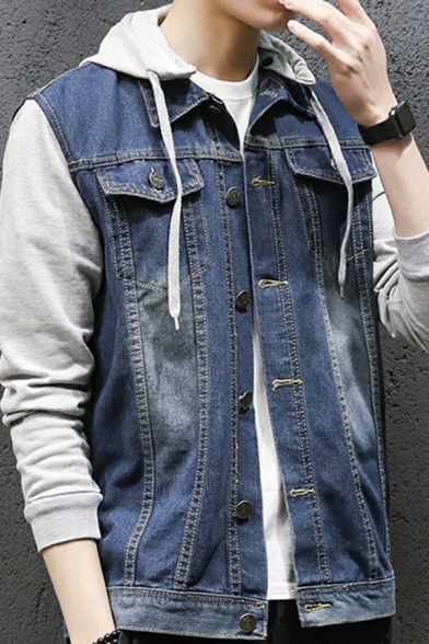 Boy's Fashionable Jacket Contrast Color Pocket Hooded Long Sleeves Regular Denim Jacket