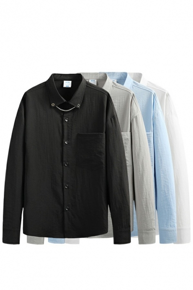 Boy's Fashionable Shirt Relaxed Solid Color Pocket Point Collar Long-sleeves Button Shirt