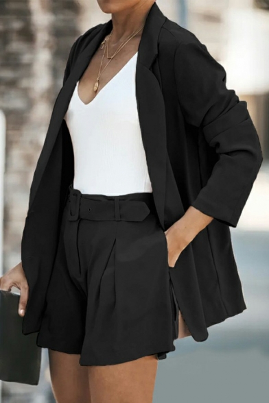 Casual Women's Suit Co-ords Plain Loose Lapel Collar Blazer with Shorts Set with Belt