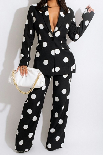Fashion Suit Co-ords Polka Dot Front Pocket Blazer with Wide Leg Pants Set for Ladies