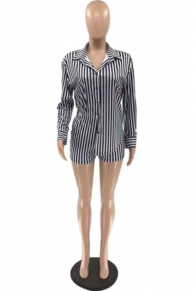 Fashionable Women's Co-ords Striped Pattern Button Fly Shirt with Shorts Regular Set