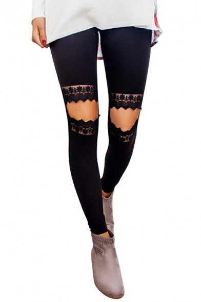 Fashionable Women's Leggings Leopard Pattern Skinny Lace Hollow Out Leggings