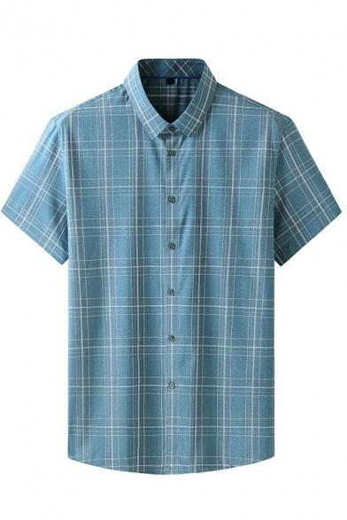 Freestyle Guy's Shirt Plaid Print Fitted Turn-down Collar Short Sleeves Button Down Shirt