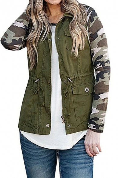 Freestyle Vest Solid Color Drawcord Zipper Spread Collar Flap Pocket Button Vest for Women
