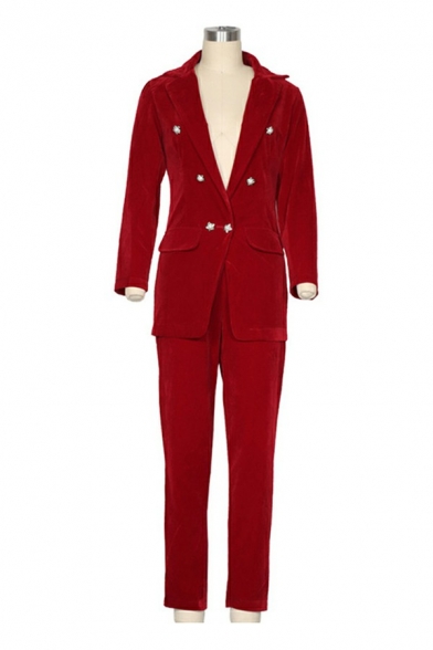 Ladies Basic Suit Co-ords Pure Color Lapel Collar Button-up Blazer with Pants Set