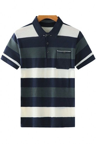 Men Dashing Polo Shirt Striped Pattern Chest Pocket Short-Sleeved Polo Shirt
