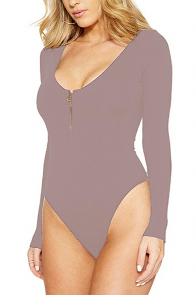 Modern Womens Bodysuit Plain Zip up Scoop Neck Long Sleeve Bodysuit