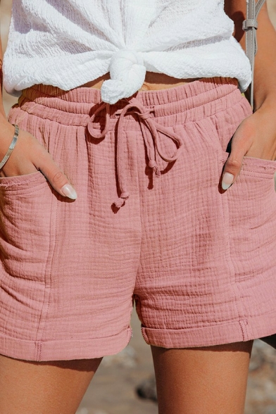 Simple Women Shorts Solid Color Pocket Detail Drawstring Waist Turn up Shorts