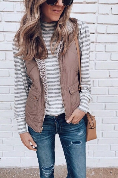 Street Look Girls Vest Leopard Pattern Pocket Spread Collar Double Sided Zip Up Vest