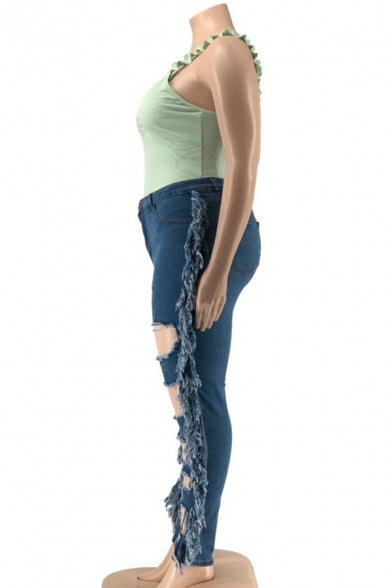 Stylish Ladies Jeans Plain Fringe Hollow Out Midwash Blue High Waist Skinny Jeans