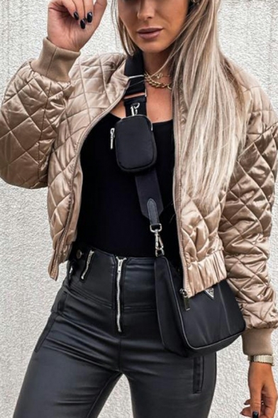 Women Cool Jacket Solid Zip Up Rib Cuffs Quilted Stand Collar Jacket