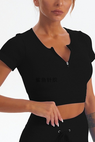 Women Fashion Co-ords Solid Zip Placket Crew Neck T-Shirt Drawstring Shorts Set