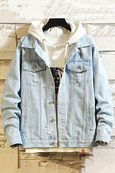 Boyish Guy's Jacket Pure Color Distressed Spread Collar Long Sleeves Relaxed Denim Jacket