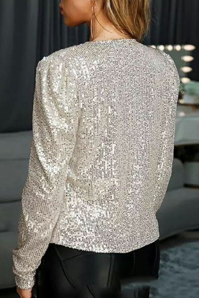 Casual Girls Jacket Pure Color Long-sleeved Open Front Sequined Jacket
