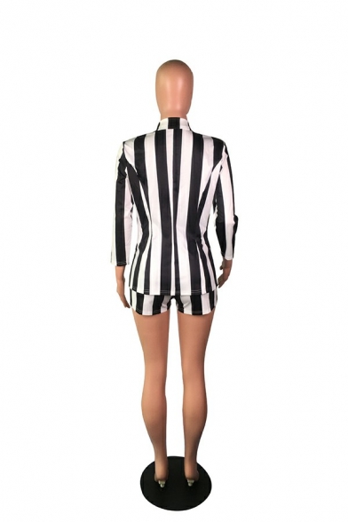 Edgy Women's Suit Co-ords Strip Print Notched Lapel One Button Blazer Lace-up Shorts Set