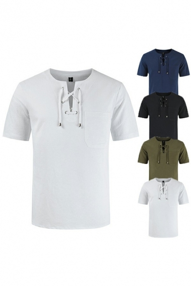 Elegant Guy's Tee Shirt Solid Color Lace-up Detail Round Neck Short Sleeve Regular Tee Top