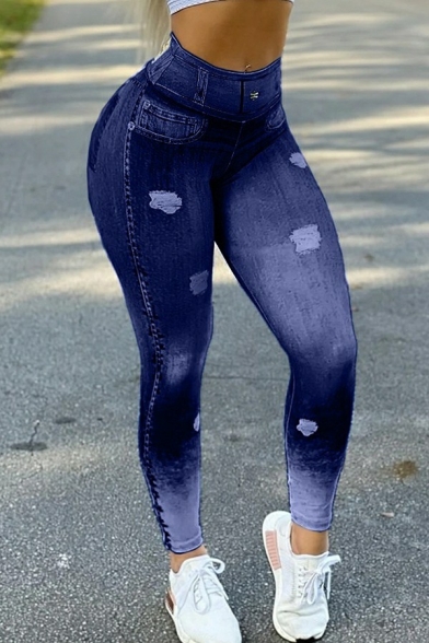 Fancy Jeans Ombre Pattern Cut-out Midwash Blue Skinny High Waist Jeans for Women