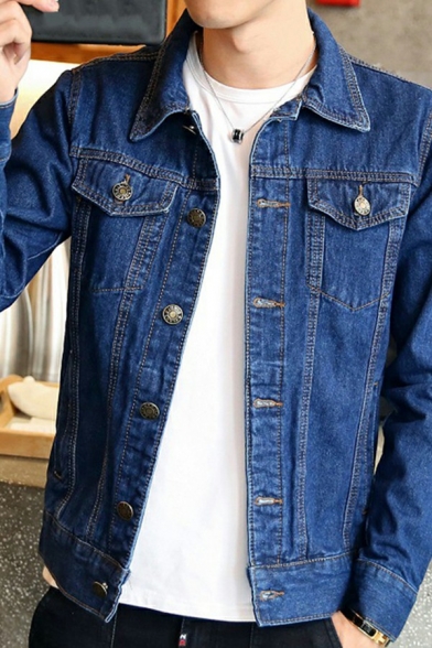 Fashion Guys Jacket Pure Color Spread Collar Long Sleeves Regular Button Fly Denim Jacket