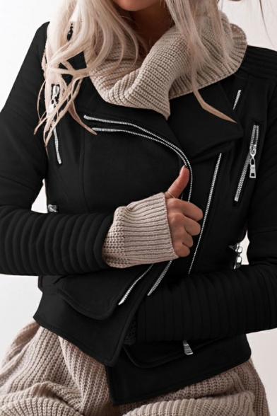 Formal Jacket Plain Lapel Collar Zip-up Pocket Irregular Fitted Jacket for Women