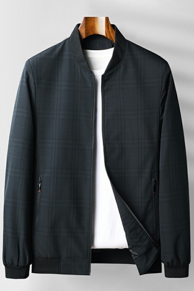 Guy's Fashion Jacket Checked Pattern Long Sleeve Stand Collar Zip Placket Baseball Jacket