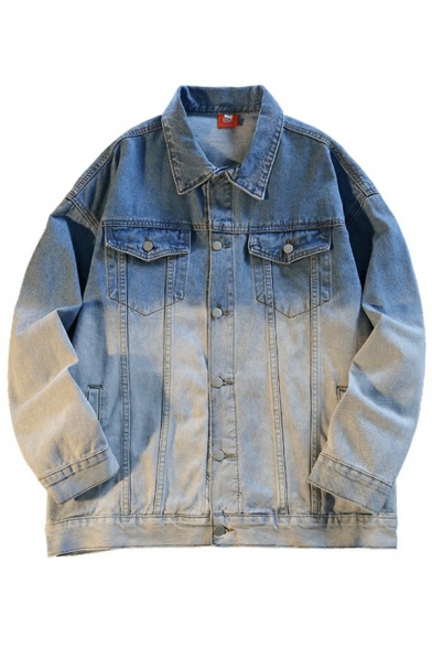 Guy's Freestyle Jacket Ombre Print Pocket Spread Collar Baggy Button Down Denim Jacket