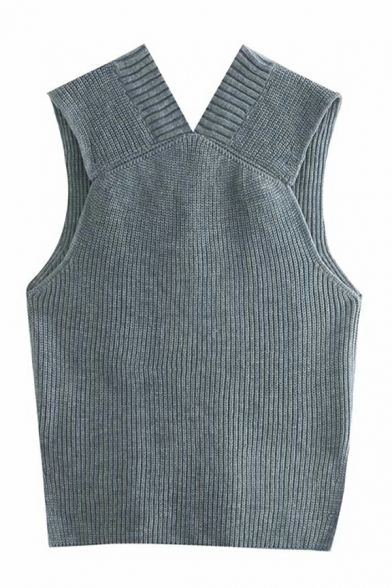 Ladies Elegant Vest Solid Color Knit Side Slit Detailed V-Neck Relaxed Vest