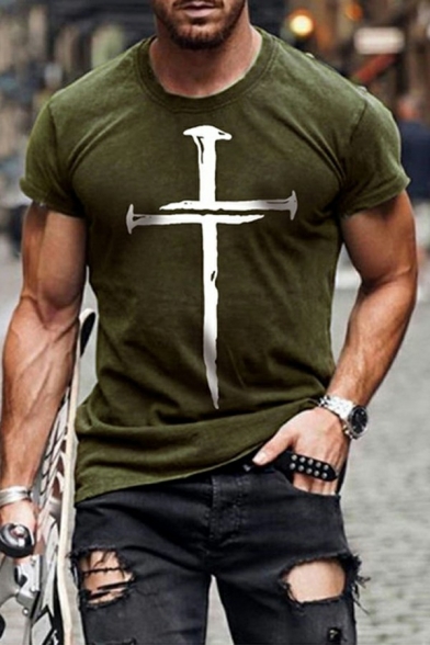 Men Boyish Tee Shirt Cross Print Short Sleeve Skinny Round Collar T-shirt