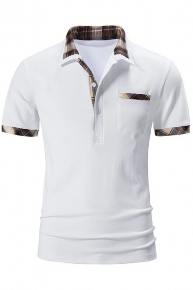 Men Dashing Polo Shirt Plaid Pattern Turn-down Collar Short Sleeves Polo Shirt