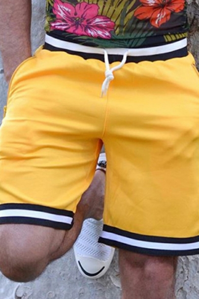 Men Vintage Shorts Contrast Line Mid Rise Drawstring Waist Pocket Shorts