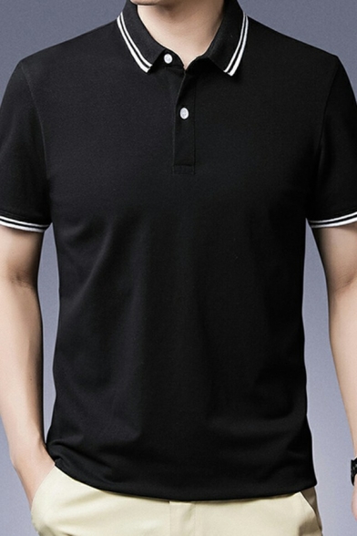 Modern Men Polo Shirt Contrast Stripe Spread Collar Short Sleeve Fitted Button Polo Shirt