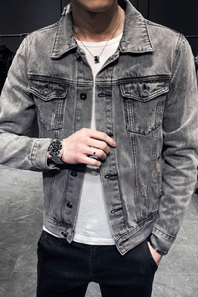 Popular Men Jacket Plain Spread Collar Chest Pocket Long Sleeve Button down Denim Jacket
