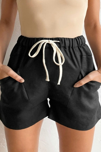 Popular Women Shorts Solid Color High Rise Pocket Detail Drawstring Waist Shorts