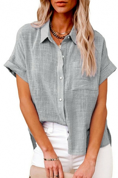 Retro Shirt Solid Turn-down Collar Long Sleeve Regular Button Closure Shirt for Ladies