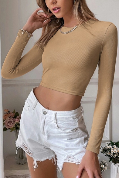 Sexy Ladies Tee Shirt Pure Color Backless Crew Neck Long Sleeve Cropped Tee Top
