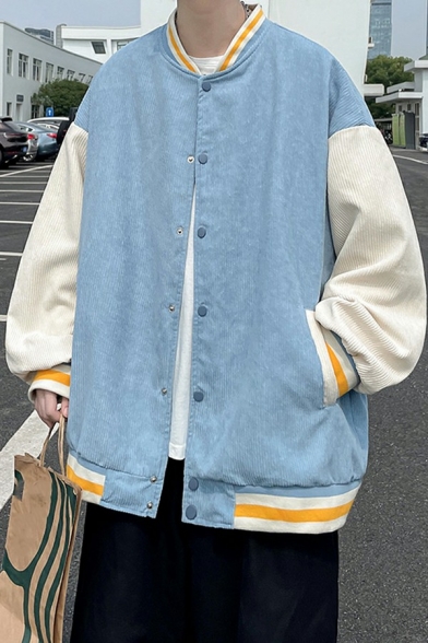 Simple Jacket Contrast Line Oversized Button Closure Pocket Bomber Jacket for Men