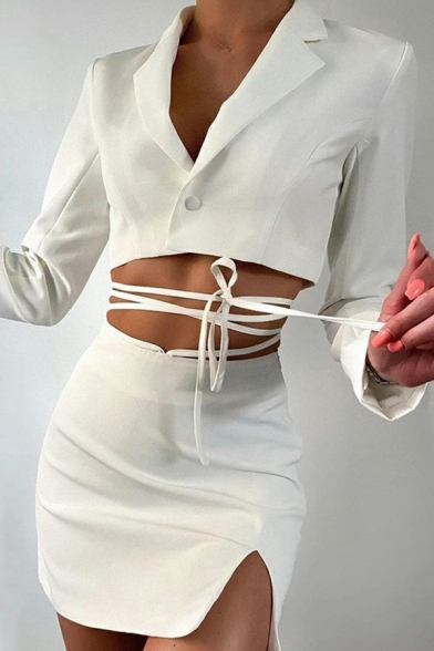 Unique Suit Co-ords Plain Criss Cross Notched Lapel Cropped Blazer Skirt Set for Women