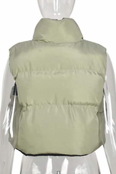 Casual Vest Whole Colored Padded Zip Closure Stand Collar Cropped Drawcord Vest for Women