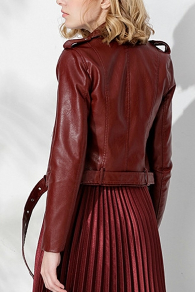 Elegant Women's Jacket Plain Pocket Buckle Belt Notched Lapel Long Sleeve Leather Jacket