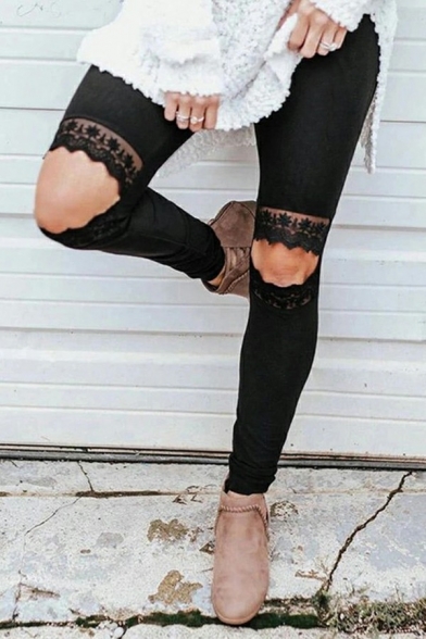 Fashionable Women's Leggings Leopard Pattern Skinny Lace Hollow Out Leggings