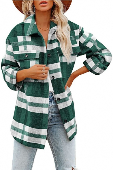 Ladies Freestyle Shirt Plaid Printed Chest Pocket Buttons Long-sleeved Spread Collar Shirt
