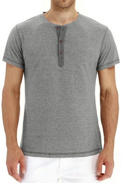 Men Business T-shirt Plain Button Designed Henley Collar Short Sleeves Slim Fit Tee Top