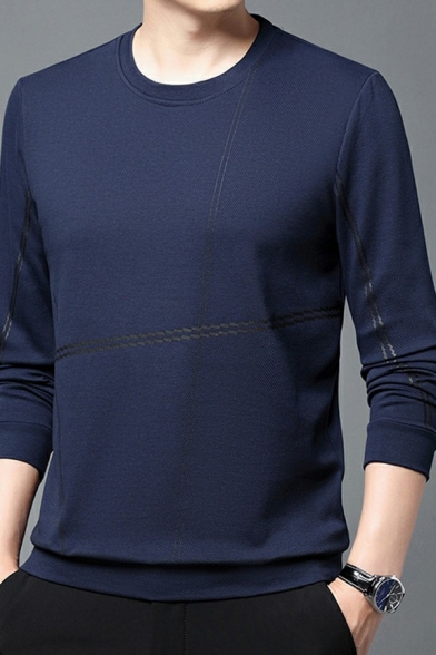 Men Dashing Sweatshirt Contrast Line Long-Sleeved Regular Round Neck Pullover Sweatshirt
