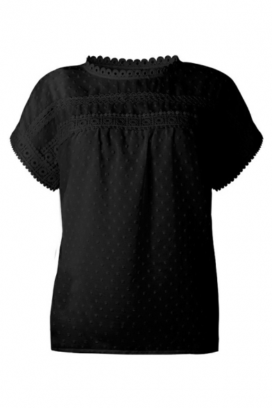 Modern Girls Blouse Jacquard Pattern Short-sleeved Buttons Round Neck Lace Pleated Blouse