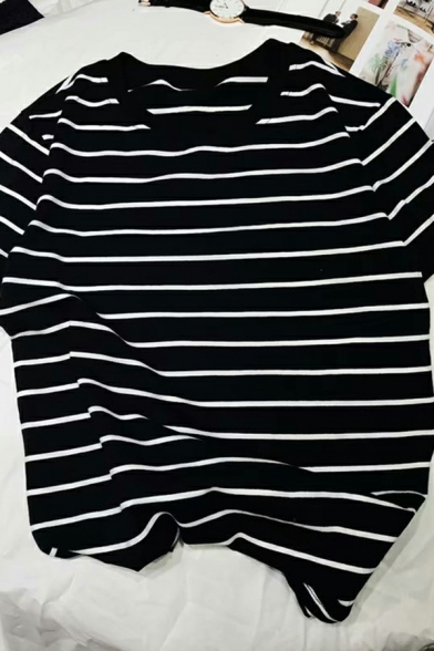 Modern T-shirt Stripe Pattern Crew Neck Short Sleeves Loose Fitted T-shirt for Boys
