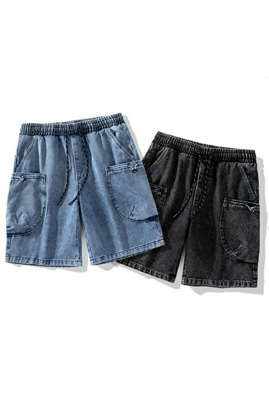 Novelty Men's Shorts Solid Big Pocket Drawstring Elastic Waist Loose Fit Denim Shorts