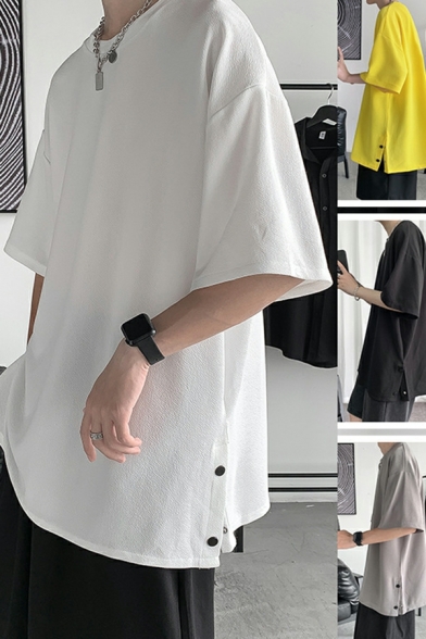 Popular Men's T-shirt Solid Color Short Sleeves Round Neck Baggy Side Split Tee Top